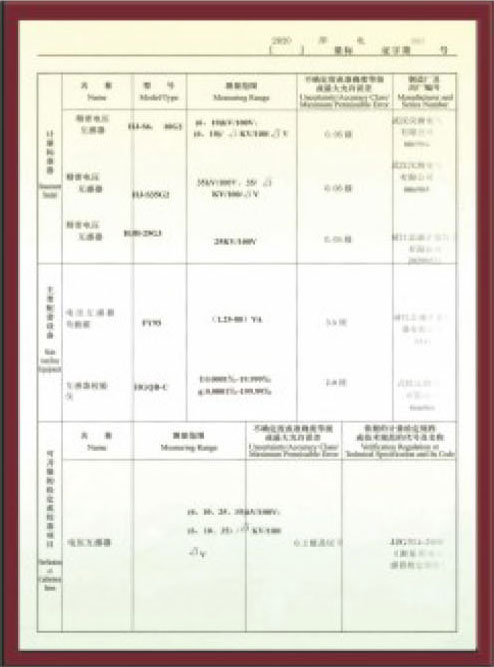 计量标准考核证书